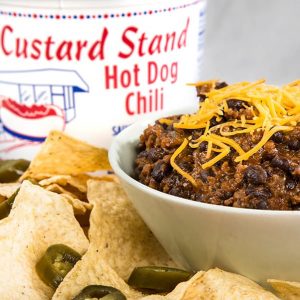 Southwestern Chili Tortilla Dip filled with Custard Stand Hot Dog Chili