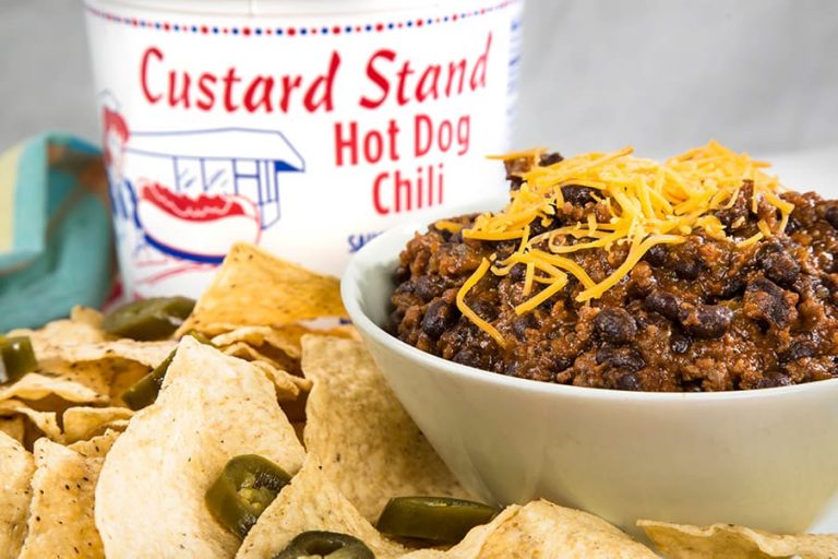 Southwestern Chili Tortilla Dip filled with Custard Stand Hot Dog Chili