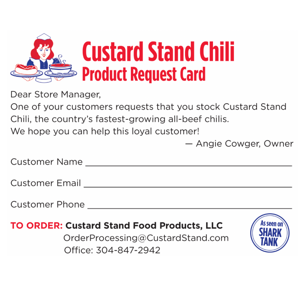 Custard Stand Chili Product Request Card front